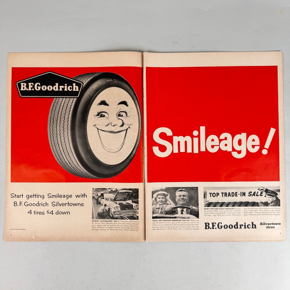B.F. Goodrich Silvertown Tires Smileage Ad 2-Page Advertisement May 1958